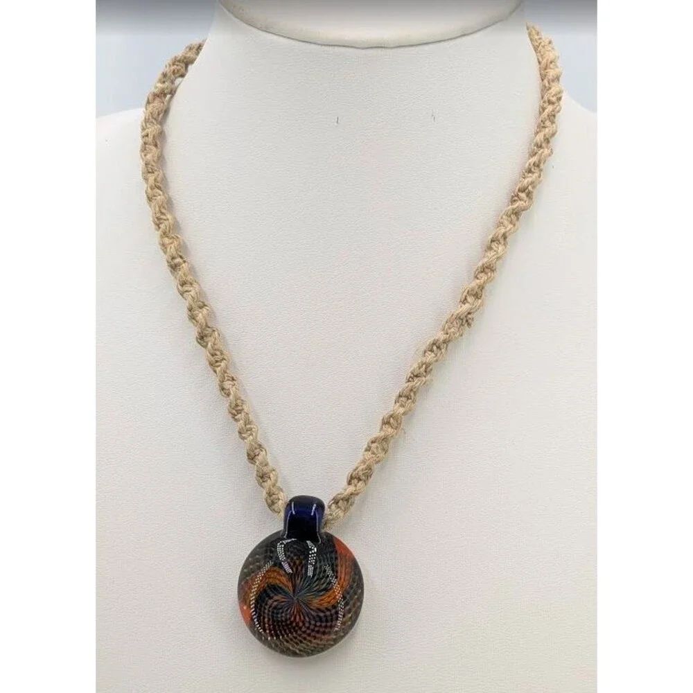 Art Glass Vortex Implosion Pendant Necklace Orange Blue Hemp Cord 21 Inch 34mm - Picture 2 of 12